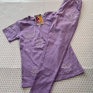 NWT Kids Lavender Pajama Set with Floral Embroidery - Short Sleeve Top & Pants